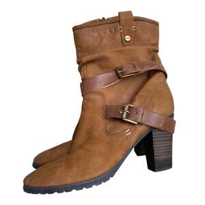 Marc Fisher Famous Brown Leather Slouch Boots 9 Block Heel Western Boho Cowgirl